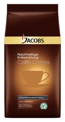 Jacobs Caffe Crema Zrównoważony rozwój 8 x 1 kg całe ziarna, Rainforest Alliance